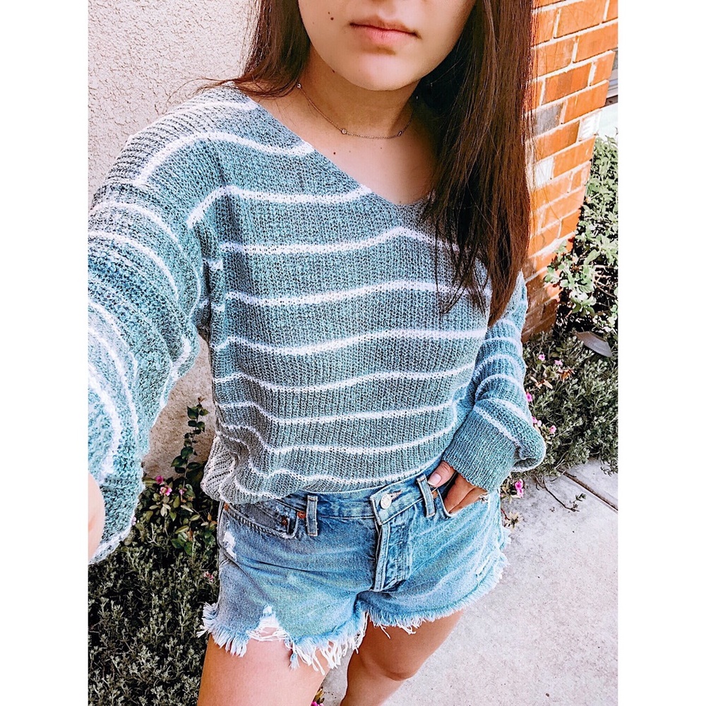 Teal Twist Back Stripe Sweater - Picture 2 of 3